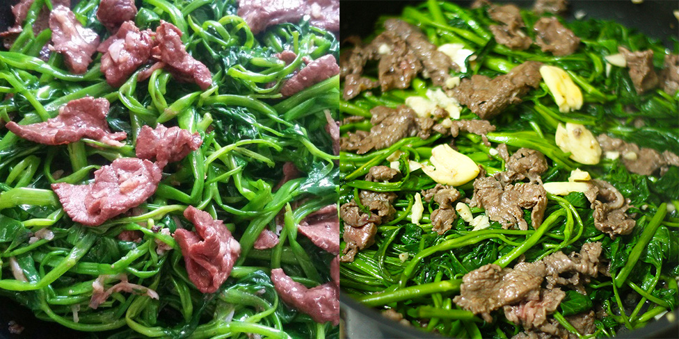 4 bước để món rau muống xào thịt bò giòn ngon, xanh mướt